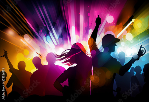 Color illustration, people dancing at the party, silhouettes. AI generated.