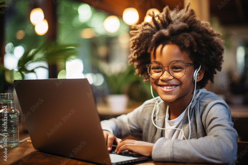 Little African American boy learns to code at home online. Programming and coding training, distance learning, home learning Little African American boy learns to code at home online. Programming and coding training, distance learning, home learning