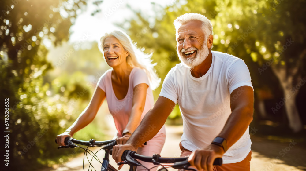 Man and woman riding bikes in park together smiling at the camera.
