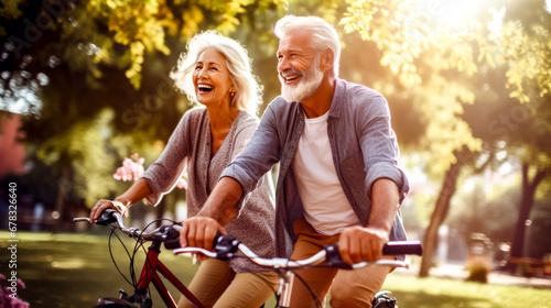 Man and woman riding bikes in park together smiling at the camera. © Констянтин Батыльчук