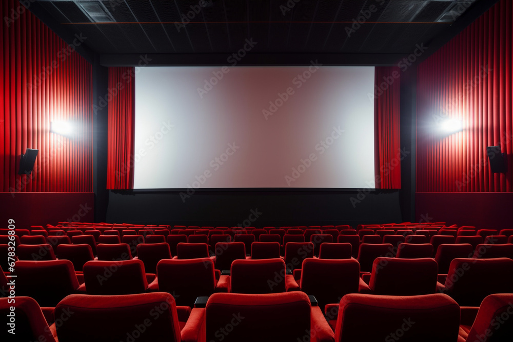 Empty theater auditorium. Empty seats, red chairs. Empty theater auditorium. Empty seats, red chairs.