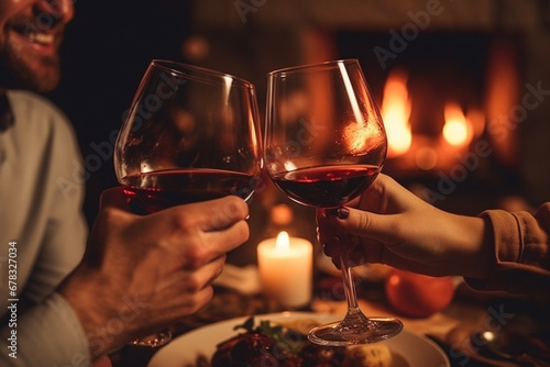 Young married couple during a romantic dinner with wine.