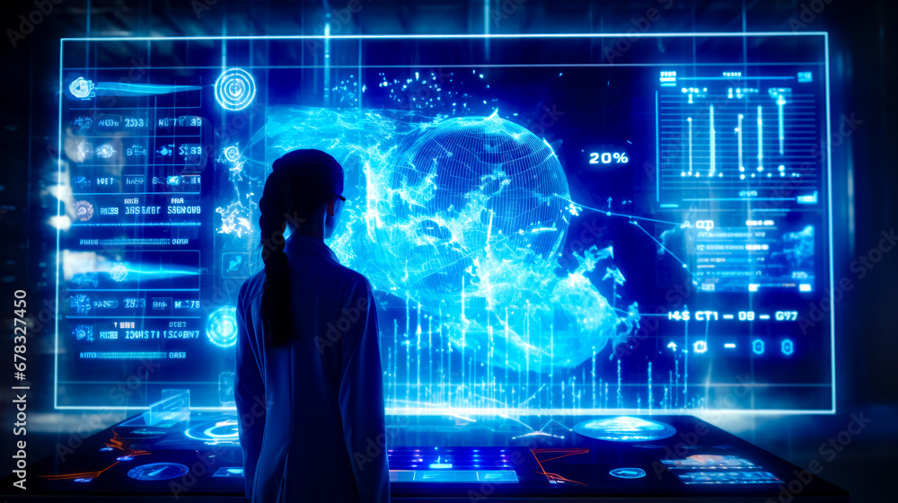 Woman standing in front of large screen with digital image on it. Woman standing in front of large screen with digital image on it.