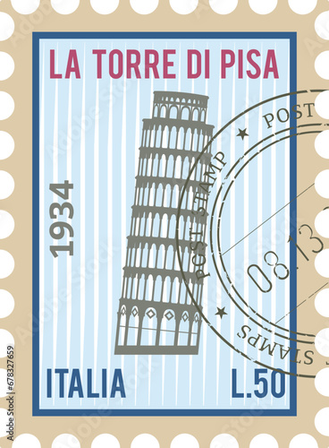 Flat colorful detailed postcard stamp with LEANING TOWER OF PISA famous landmark and symbol of the Italian city of PISA, ITALY