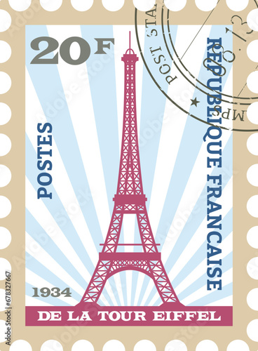 Flat colorful detailed postcard stamp with EIFFEL TOWER famous landmark and symbol of the French city of PARIS, FRANCE