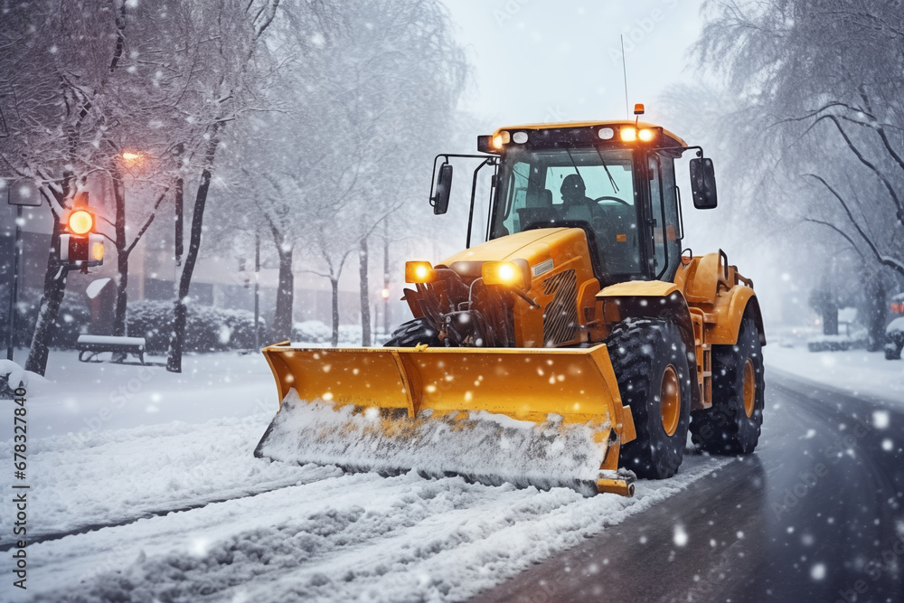 Snow plow working to remove snow during the winter Snow plow working to remove snow during the winter