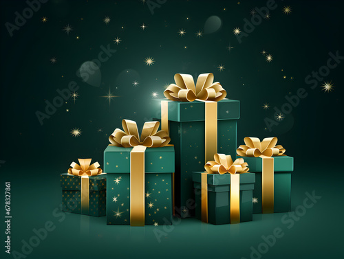 Festive green gift boxes on dark green background with golden lights © TatjanaMeininger