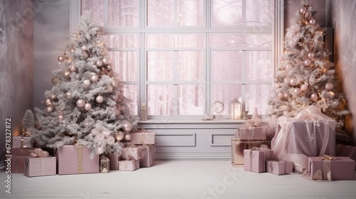 Pink room with Christmas trees, silver decorative balls, sofa, gifts. There is a snow-covered forest outside the window