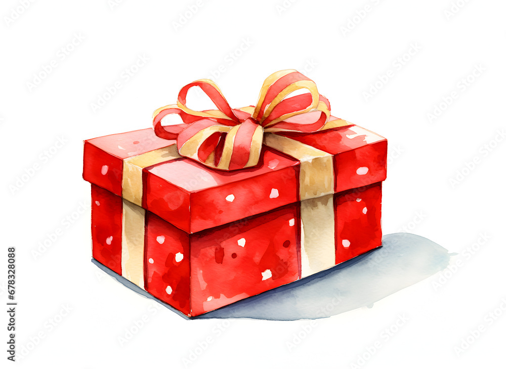 Obraz premium Watercolor illustration of a gift box with a ribbon isolated on white background