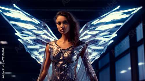 Woman in silver dress with butterfly wings on the back of her body.