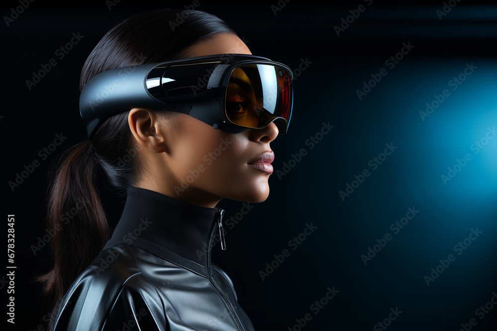 glamorous woman wearing VR glasses. wears glamorous virtual reality or VR glasses and plays games, creates his own metaverse