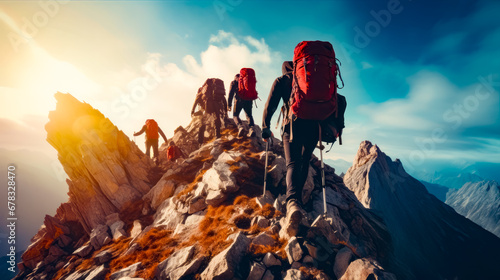 Group of people climbing up mountain with backpacks on their backs. photo