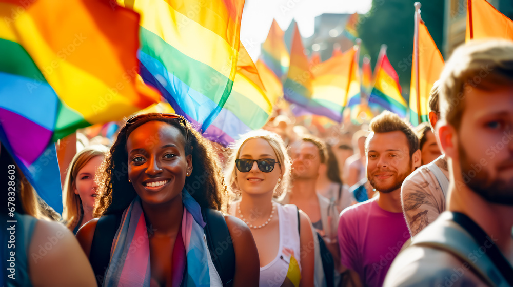 Group of people standing next to each other holding rainbow colored flag. Group of people standing next to each other holding rainbow colored flag.