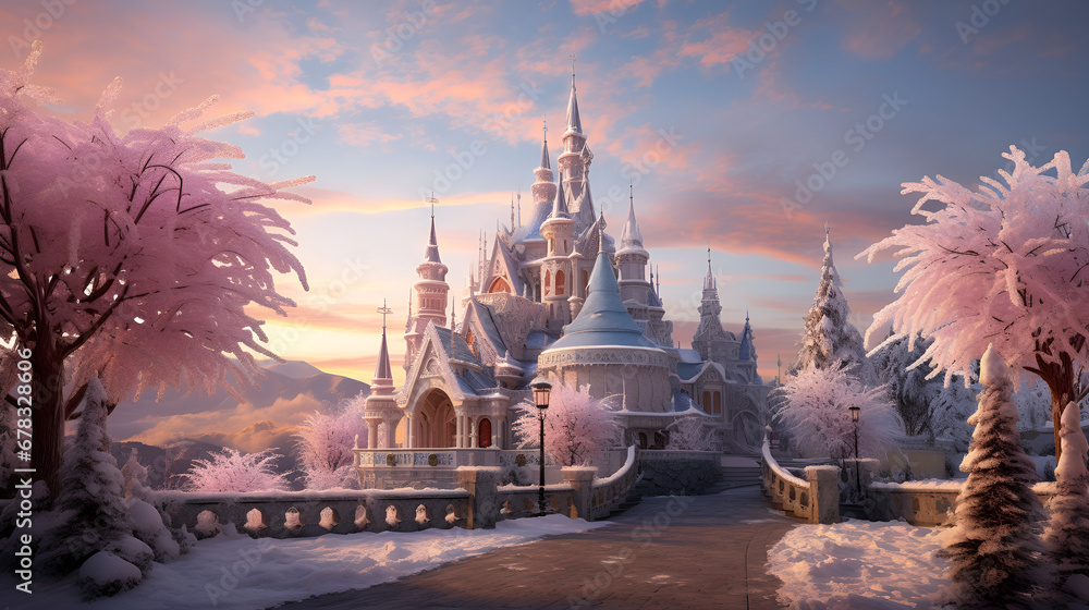view of the castle, Pink princess castle, Church at sunset. Trees the branches are covered with thick white frost. The oak shines from the sun, the rays of dawn illuminate tree and the dome of the c
