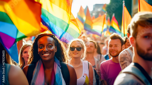 Group of people standing next to each other holding rainbow colored flag.