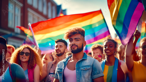 Man standing in front of group of people holding rainbow flag.