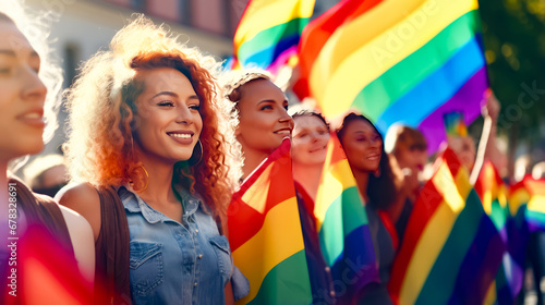 Group of women standing next to each other holding rainbow colored umbrellas.