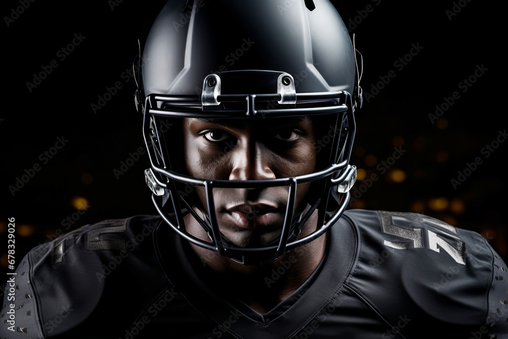 American football player close-up on a black background wearing a helmet American football player close-up on a black background wearing a helmet