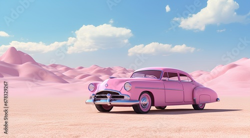 Classic american pink car in desert background © TERKWAZ