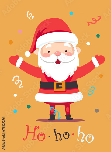 Merry Christmas and happy new year greeting card with cute Santa Claus. Holiday cartoon character in winter season. Vector.