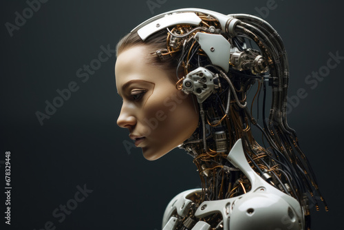 Portrait of female robot with artificial intelligence. Woman with technology elements