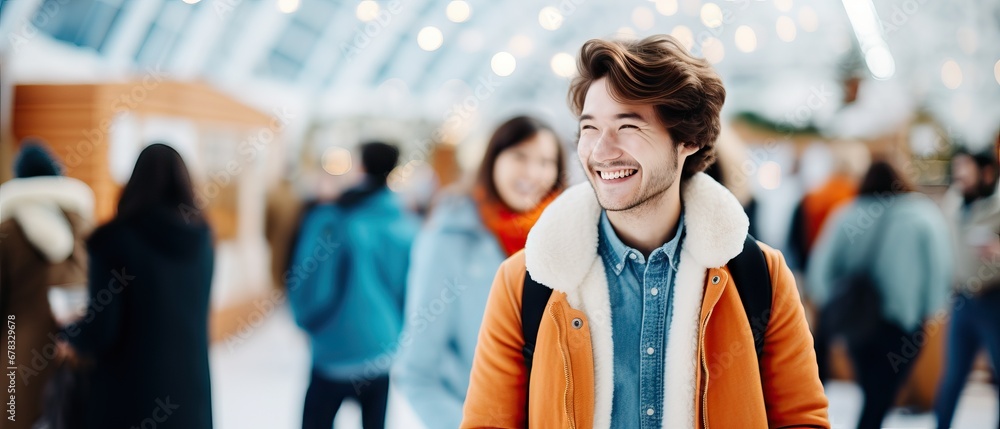 Young man with a bright smile in a winter market Young man with a bright smile in a winter market