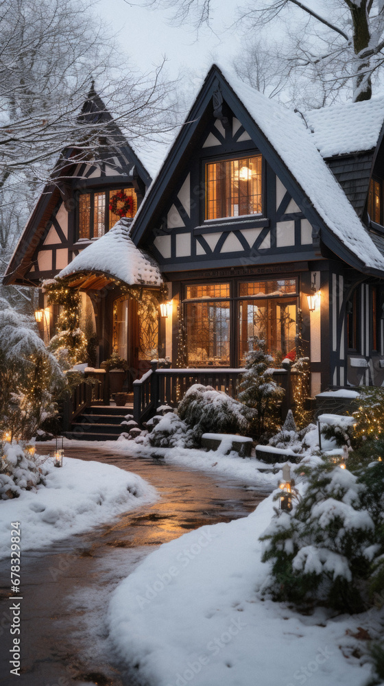 Beautiful wooden house with snow and christmas lights in winter.