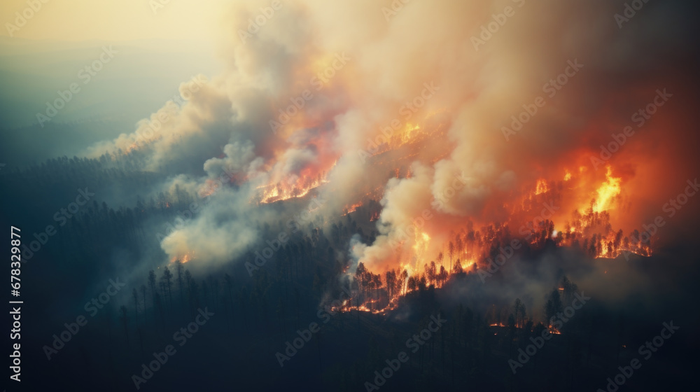 Aerial view of a large, devastating forest fire