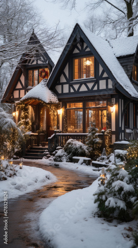 Beautiful wooden house with snow and christmas lights in winter.