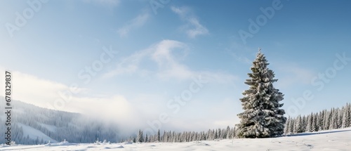 A lone pine tree stands in a vast snowy landscape under a clear blue sky