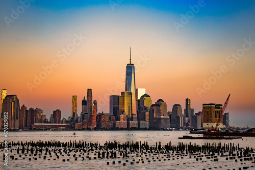 Sunset over the Manhattan Skyline featuring the Freedom Tower  seen from Hoboken  New Jersey