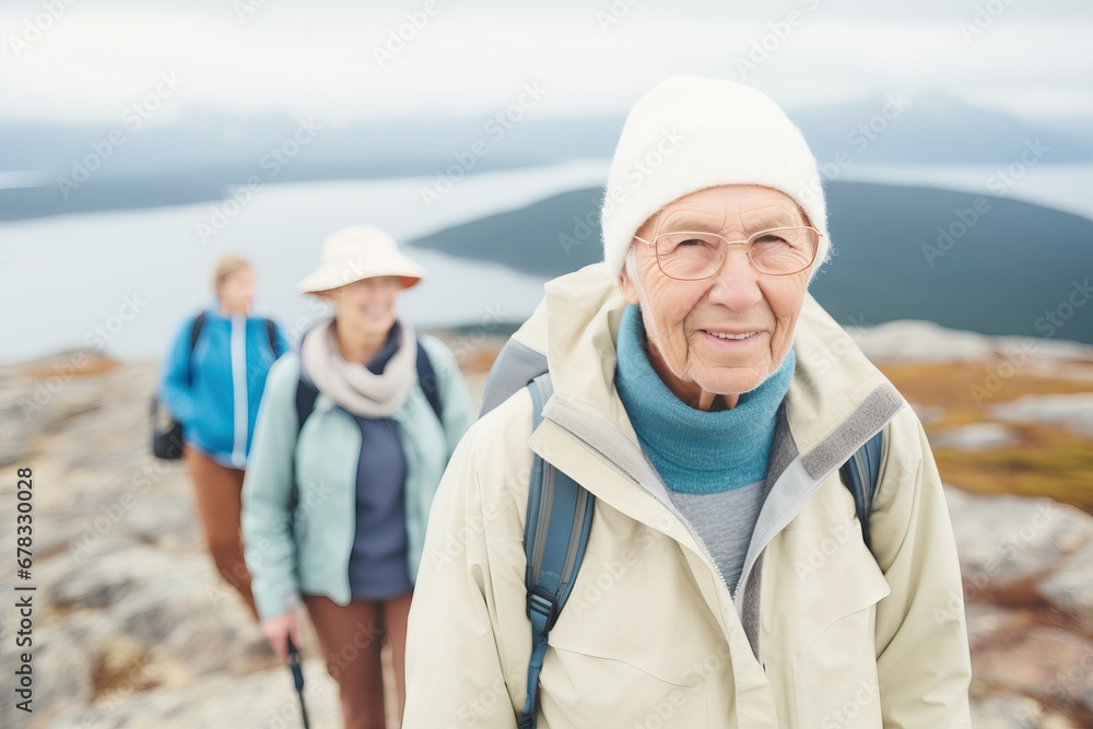 Elderly woman with glasses leading a hike, friends in soft focus behind her Elderly woman with glasses leading a hike, friends in soft focus behind her