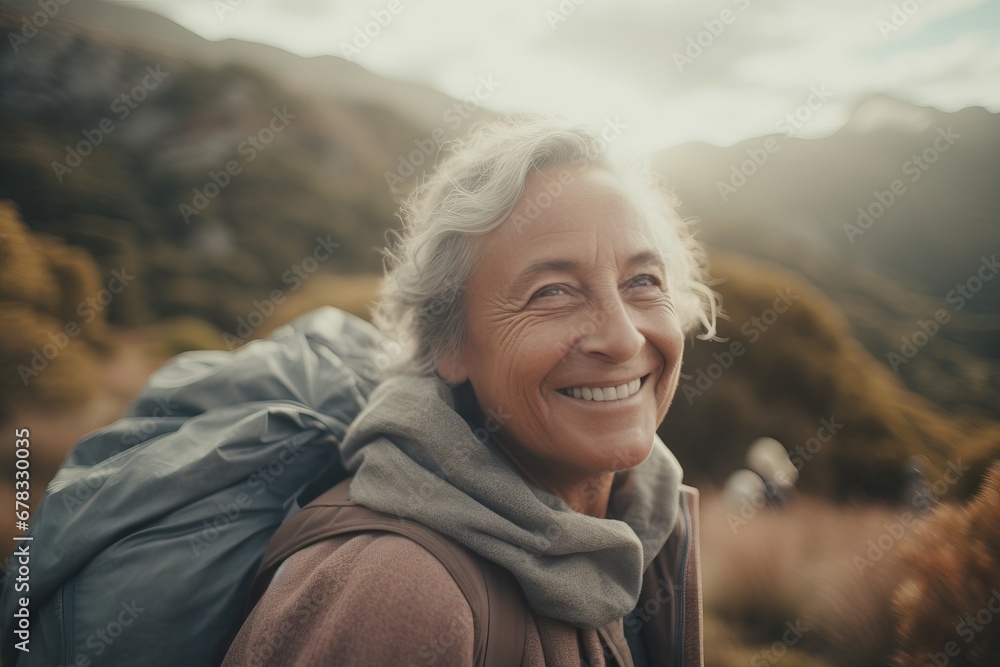 Radiant elderly woman with backpack smiling on a scenic hike in the mountains