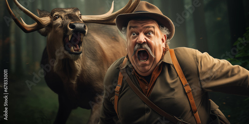 Deer hunting down old male hunter with mustache and hat screaming in panic. humor funny vegertarian vegan and abstract hunting concept. photo