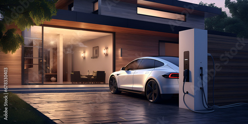 Car Luxury Parked,  wall box charger station and electric car charging at home garage, A tesla model 3 is parked in front of a house, Electric car parked in garage. Generative AI 
