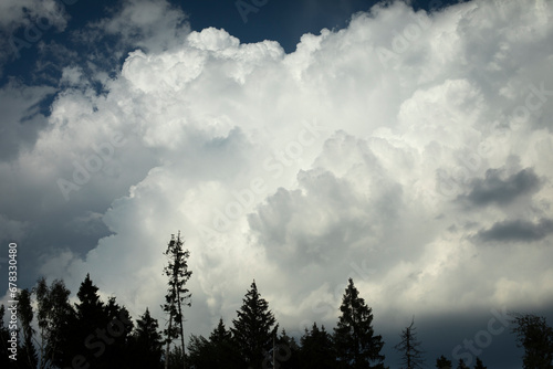 Fototapeta Naklejka Na Ścianę i Meble -  Summer landscape with clouds. White clouds over forest.
