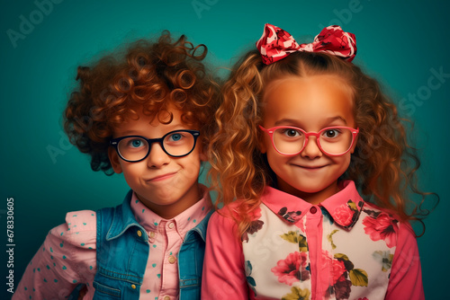 Funny and elegant couple friends 5 year old in glasses poses in the studio. looking at camera on bright background