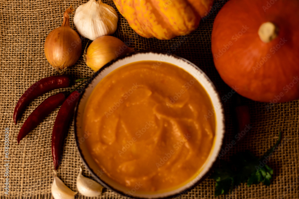 A bowl of pumpkin soup with vegetables on the table.Rustic autumn food.Diet soup A bowl of pumpkin soup with vegetables on the table.Rustic autumn food.Diet soup