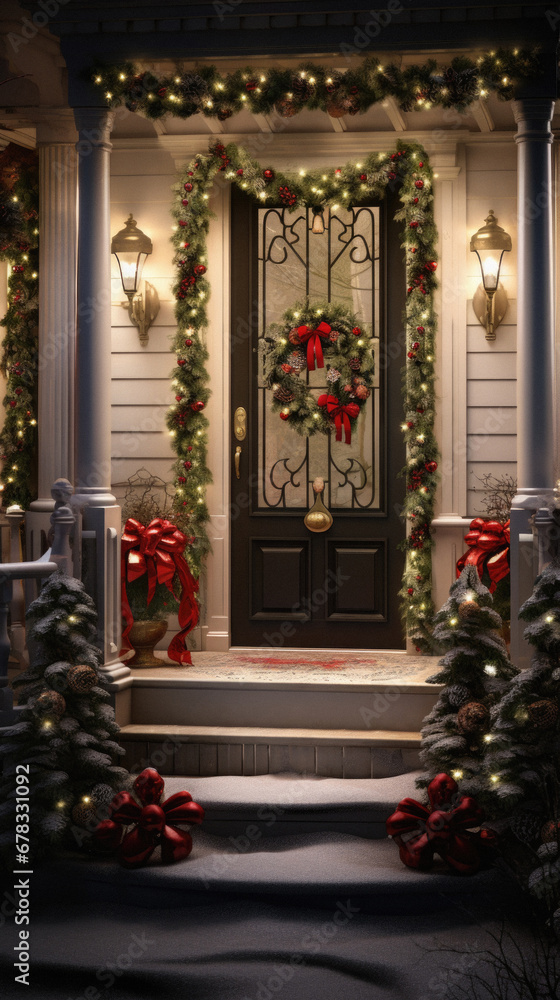 Christmas decorations on the front door of a house in New York City.