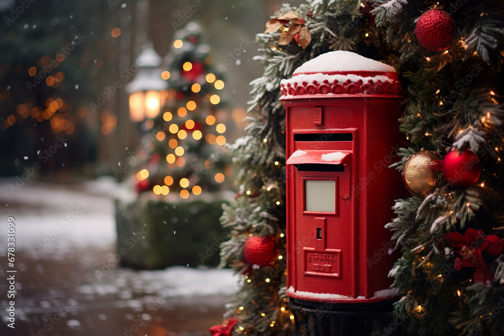 Red Post Box in Snow at Christmas. Mail Santa - obrazy, fototapety, plakaty 