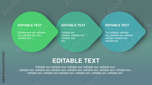 Sustainable concept infographic, succession of three leaves, 3 drops, three steps with editable text vector illustration.