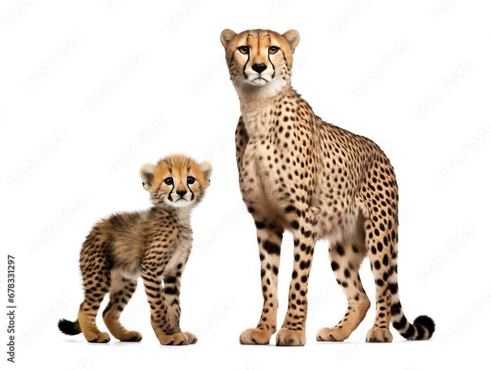Cheetah family, adult and young cub cheetah, isolated Cheetah family, adult and young cub cheetah, isolated