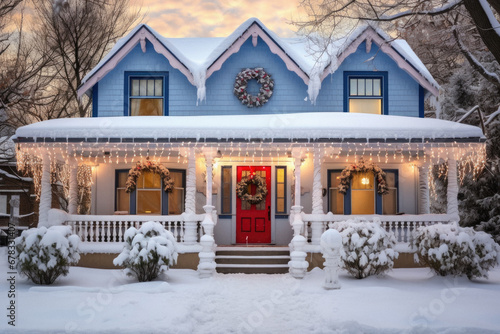 Beautiful house decorated for Christmas and New Year with snow in winter. © Synthetica