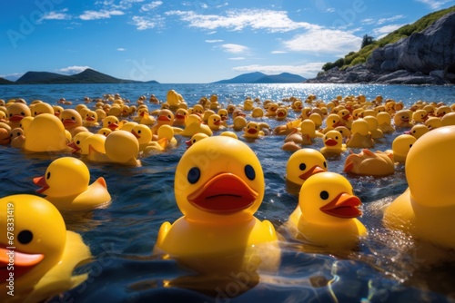  a lot of yellow rubber ducks in the , pollution of the oceans photo