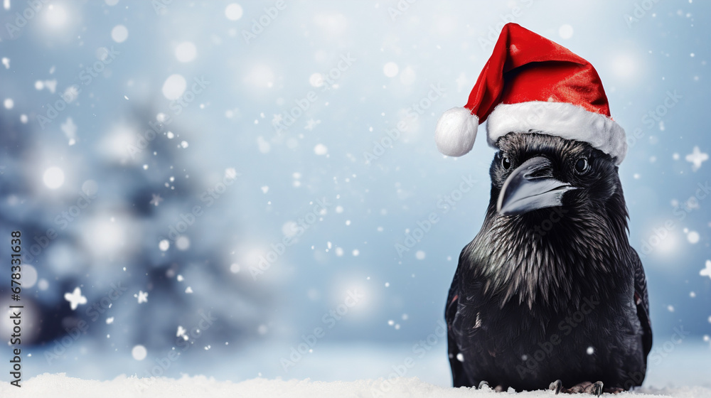 Fototapeta premium Funny crow in christmas santa hat on festive background