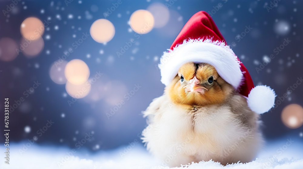 Little yellow chick on christmas santa hat on festive background