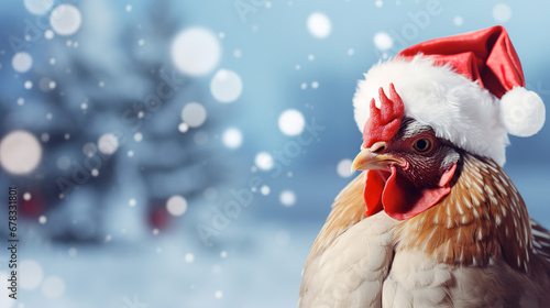Chicken in christmas santa hat on festive background