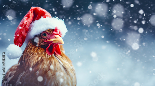 Chicken in christmas santa hat on festive background © dwoow