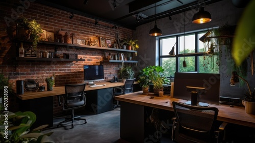 Inspiring office interior design Industrial style Office featuring Exposed bricks architecture. Generative AI AIG 31.