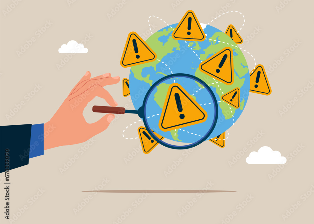 Hand holds a magnifying glass for holding search incident with exclamation attention sign in world. Solving problem, identify risk. Vector illustration. - obrazy, fototapety, plakaty 
